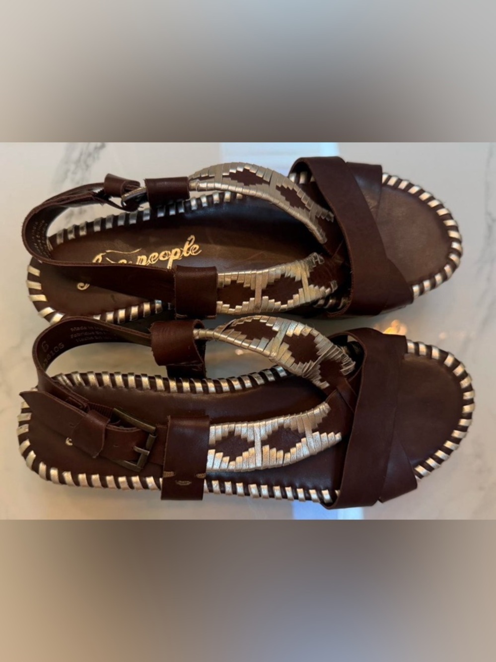 Free People Stunning Dark Brown With Gold Accents Strap Sandals. Like New!